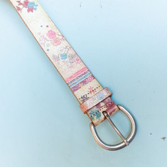 Y2k Genuine Leather Floral Printed Silver Buckle Faded Waist Belt Size Small - Picture 2 of 7